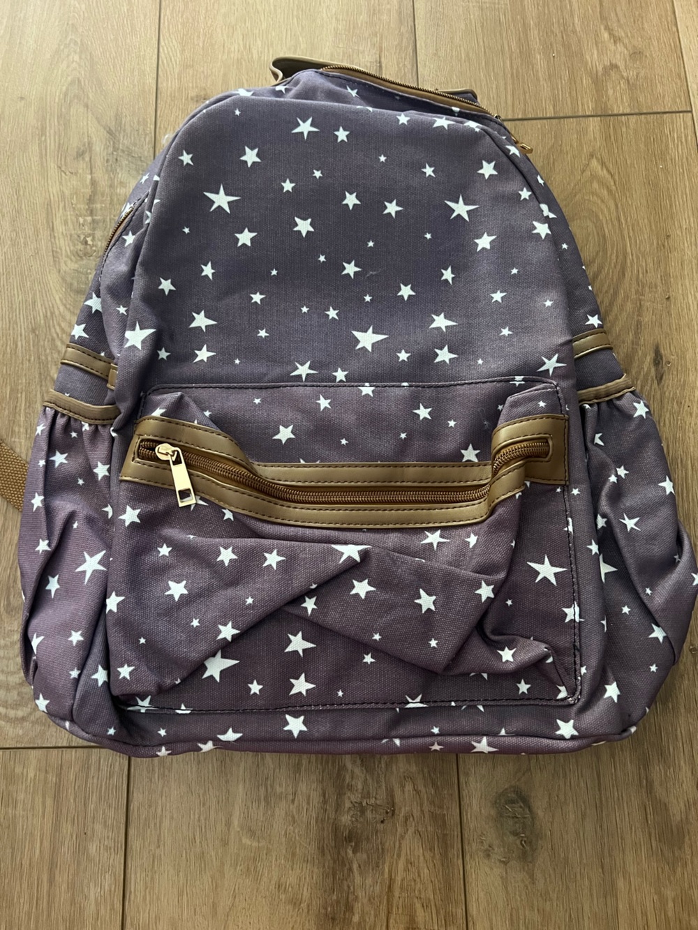 Whim & Wander Backpack Blueish Purple stars with Brown Leather straps